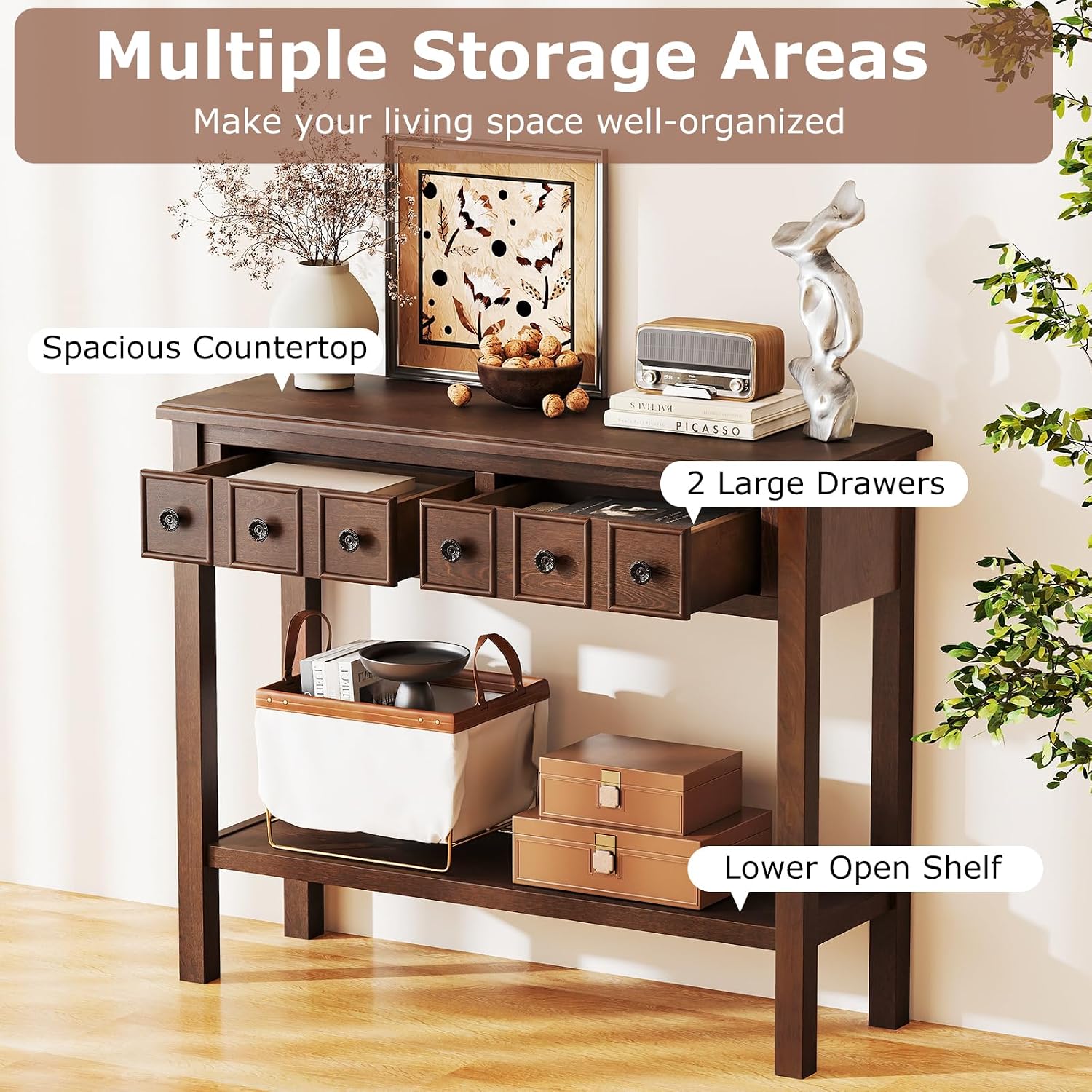 Giantex 2-Tier Narrow Console Table, 38" Retro Entryway Table with 2 Drawers and Open Storage Shelf, Wood Accent Sofa Tables for Living Room, Foyer, Hallway, Bedroom, Entrance