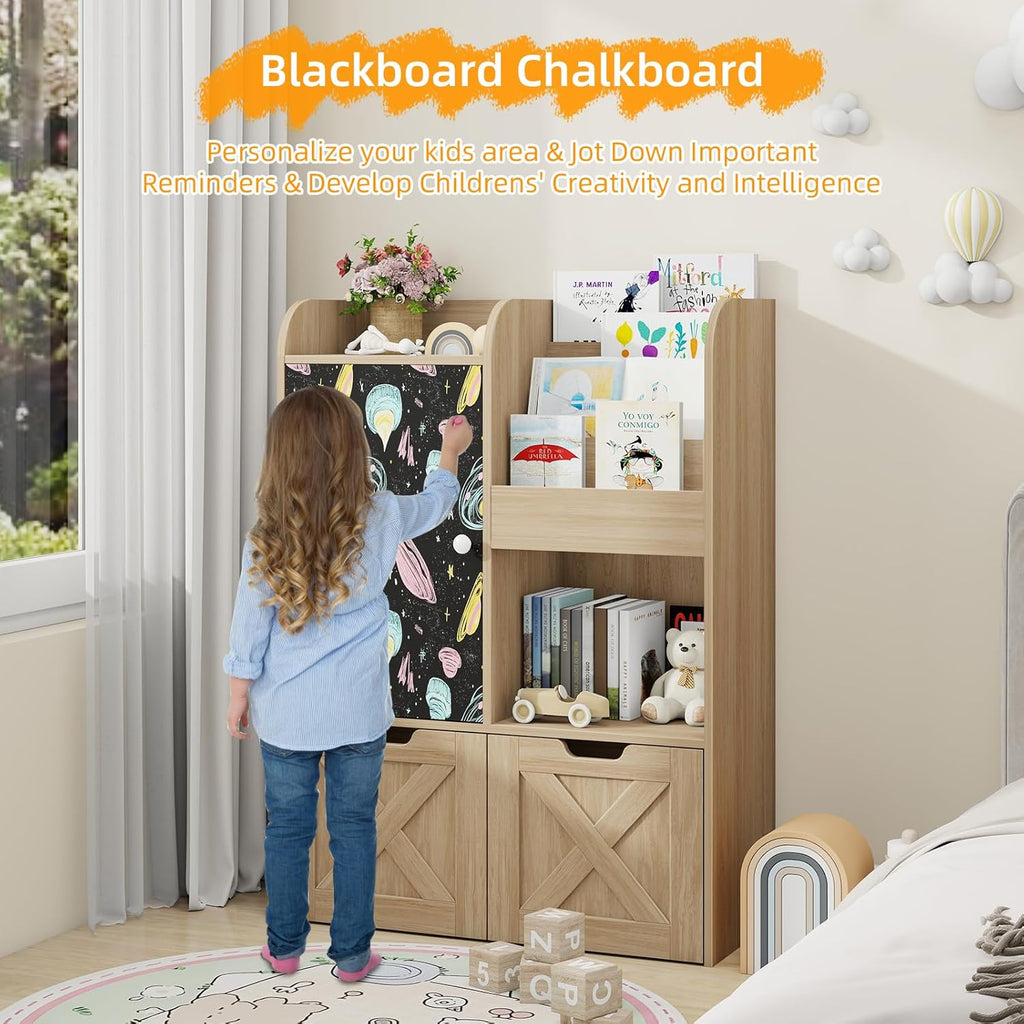 Befrases Kids Toy Storage Organizer with Blackboard, 3-in-1 Toy Organizers and Storage with Reading Nook, Wooden Toy Chest Storage with 2 Drawers and Hidden Wheels for Playroom Storage, Oak
