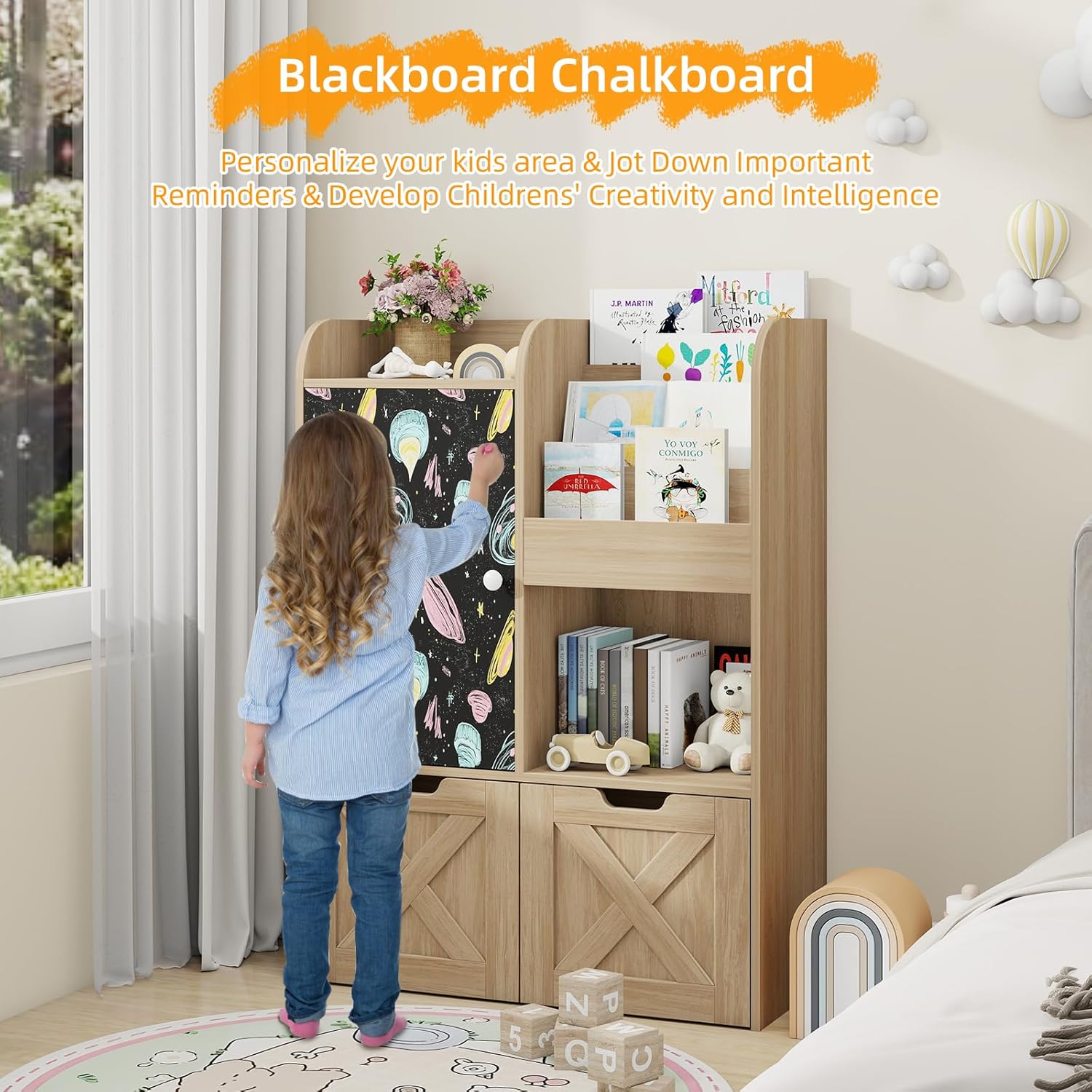 Befrases Kids Toy Storage Organizer with Blackboard, 3-in-1 Toy Organizers and Storage with Reading Nook, Wooden Toy Chest Storage with 2 Drawers and Hidden Wheels for Playroom Storage, Oak