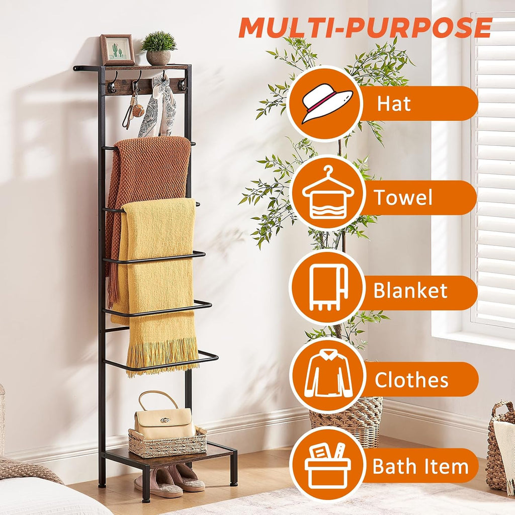 DGWJSU 7 Tier Blanket Ladder for The Living Room and Bedroom, 5.12 Ft Farmhouse Ladder Shelf with 2-Tier Storage Rack, Decorative Ladder with 4 Coat Hooks, Blanket Rack,Ladder Shelves