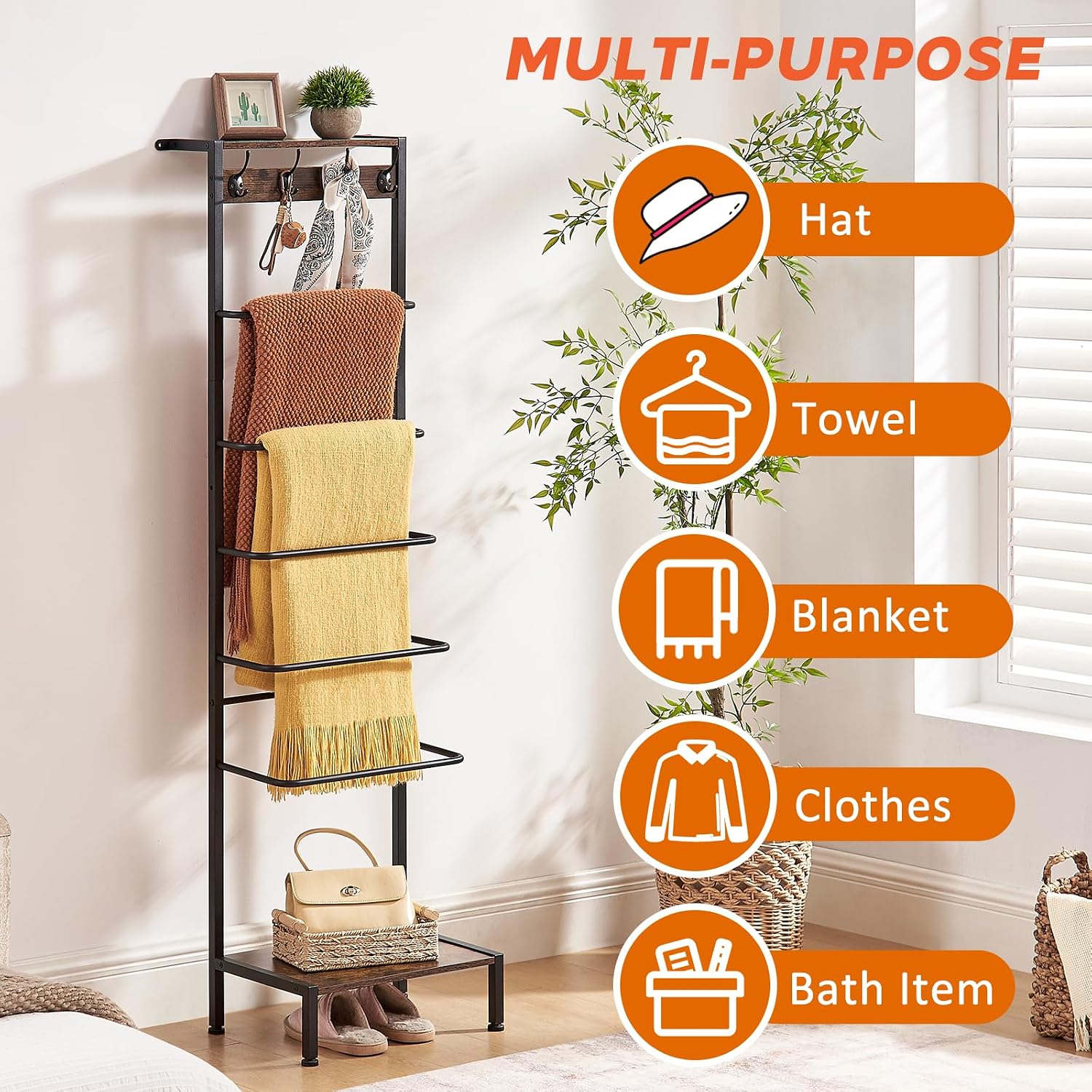 DGWJSU 7 Tier Blanket Ladder for The Living Room and Bedroom, 5.12 Ft Farmhouse Ladder Shelf with 2-Tier Storage Rack, Decorative Ladder with 4 Coat Hooks, Blanket Rack,Ladder Shelves