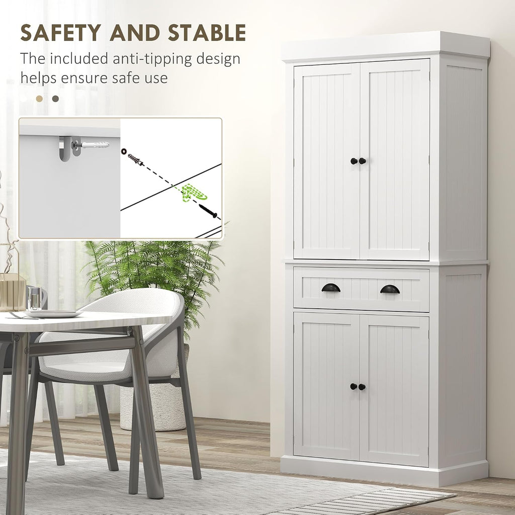 HOMCOM 71" Kitchen Pantry Cabinet with LED Motion Sensor Light, Tall Storage Cabinet with 6 Door Shelves, Drawer & Adjustable Shelves, for Living & Dining Room, White