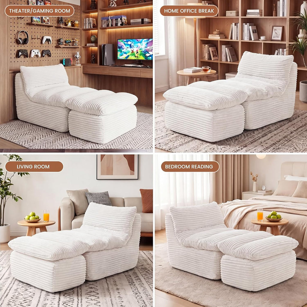 Boneless Chaise Lounge Chair, Faux Fur Ergonomic Chair with Ottoman, High Density Memory Foam No Assembly Lazy Sofa, Indoor Leisure Couch for Living Room Bedroom Office Apartment