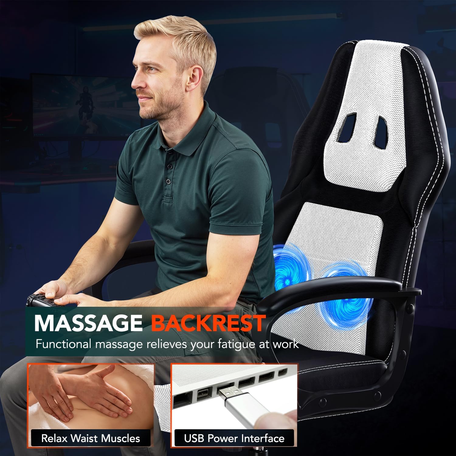 BestOffice Gaming Chair with Massage, Ergonomic Office Desk Chair, Adjustable Lumbar Support & Headrest,Computer Task Chair, 360° Swivel for Adults (White)