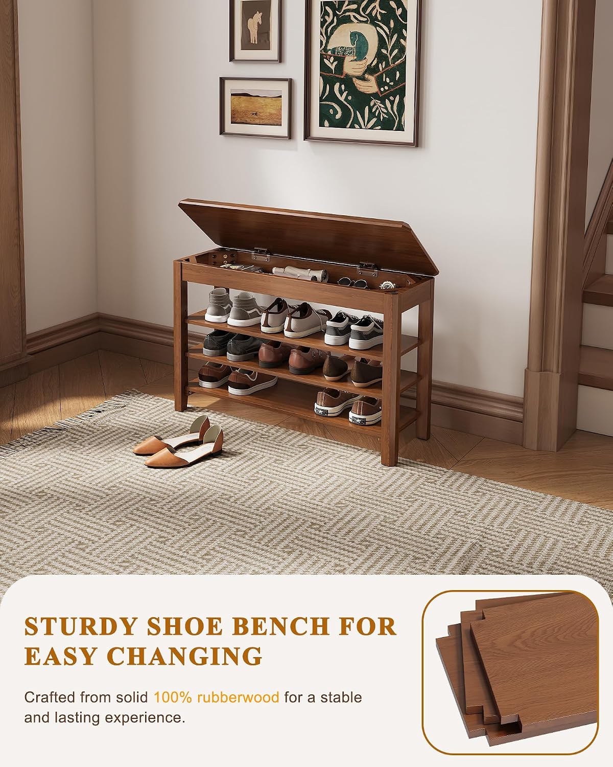 IUNVR Shoe Rack Bench Seat Rubberwood 3-Tier Wooden Storage Bench 550lbs Compact Mid-Century Modern Design for Entryway, Hallway, Closet, Front Door Entrance, Foyer