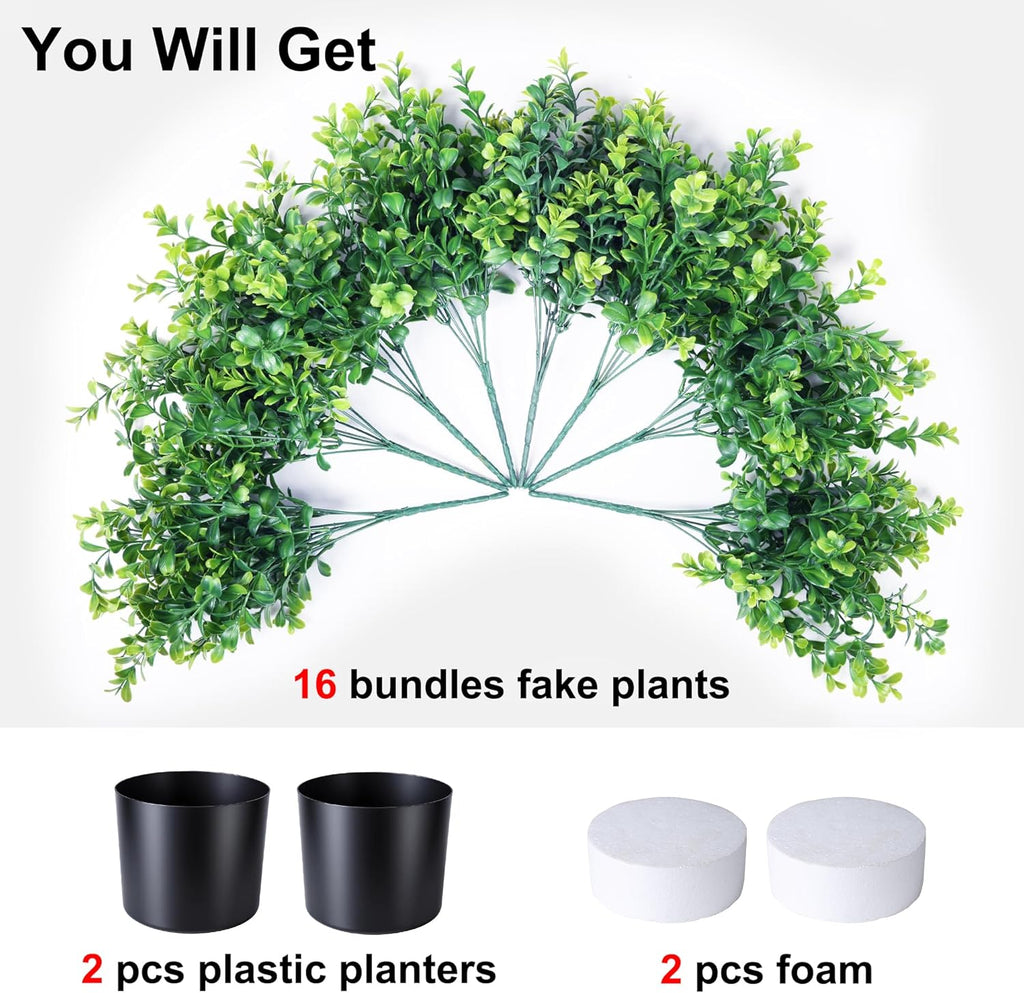 Fake Plants Artificial Plants Outdoor for Spring Summer Decor, 2 Pack Boxwood Fake Potted Plant Artificial Greenery Realistic UV Resistant Faux Outdoor Plant with Pot for Outside Porch Garden Patio
