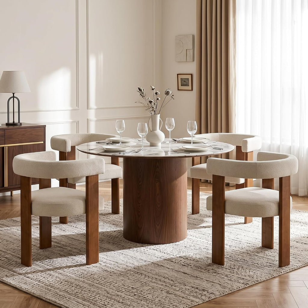 Usaint Wooden Barrel Dining Chairs Set of 4, Mid-Century Modern Upholstered Dining Room Chairs with Walnut Wood Legs and Loop Back, Comfy Accent Arm Chair for Dining Room, Kitchen, Living Room, Beige