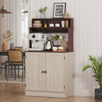 MHOM Farmhouse Bar Cabinet with Storage, Coffee Station Cabinet with 5 Hooks, Small Coffee Bar for Kitchen & Living Room, Antique Oak