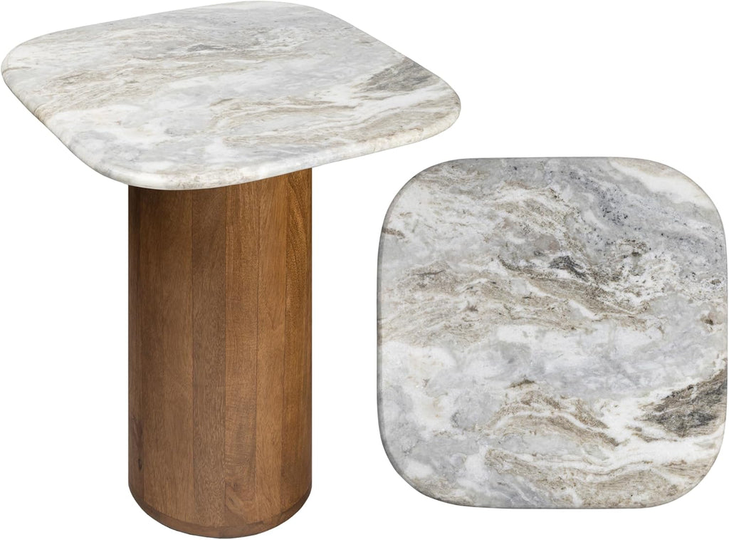 Eyely DNE5004B Dimitri 18" Rustic Minimalist Square Marble/Wood Accent Table, Side Table, End Table for Living Room, Bedroom, White Marble/Honey Wood