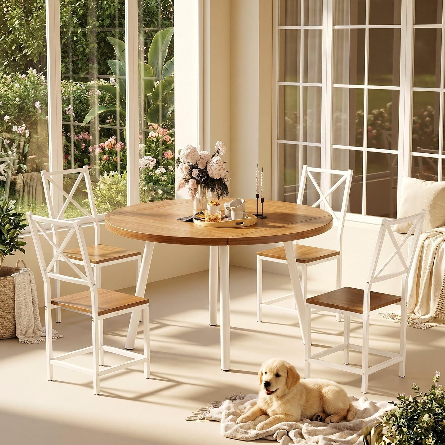 IRONCK Round Dining Table Set for 4, Extendable Kitchen Table with 4 Chairs, 44.5" Drop Leaf Desk, Folding for Small Space, Apartment, Natural Wood