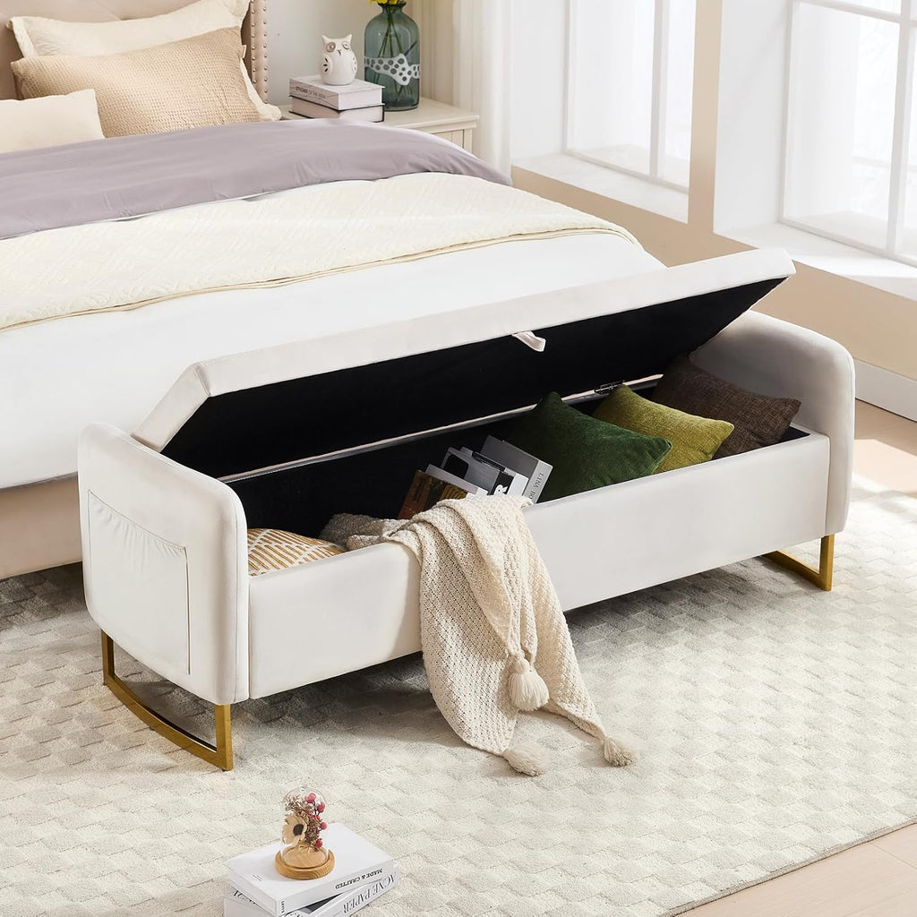 48" End of Bed Bench, Modern Storage Benches with Button-Tufted, Velvet Upholstered Storage Ottoman Bench for Foot of Bed with Arms, Gold Legs Window and Entryway, Beige