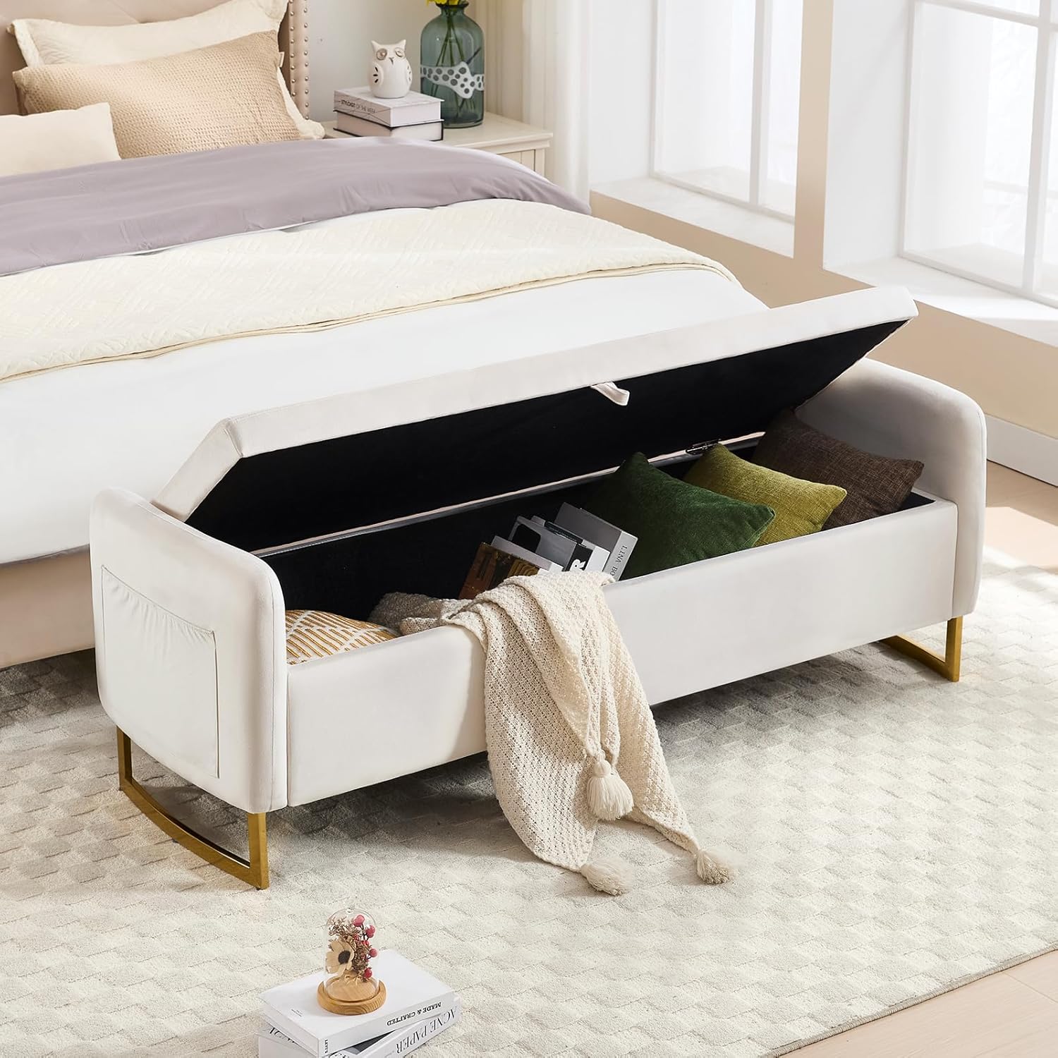 48" End of Bed Bench, Modern Storage Benches with Button-Tufted, Velvet Upholstered Storage Ottoman Bench for Foot of Bed with Arms, Gold Legs Window and Entryway, Beige