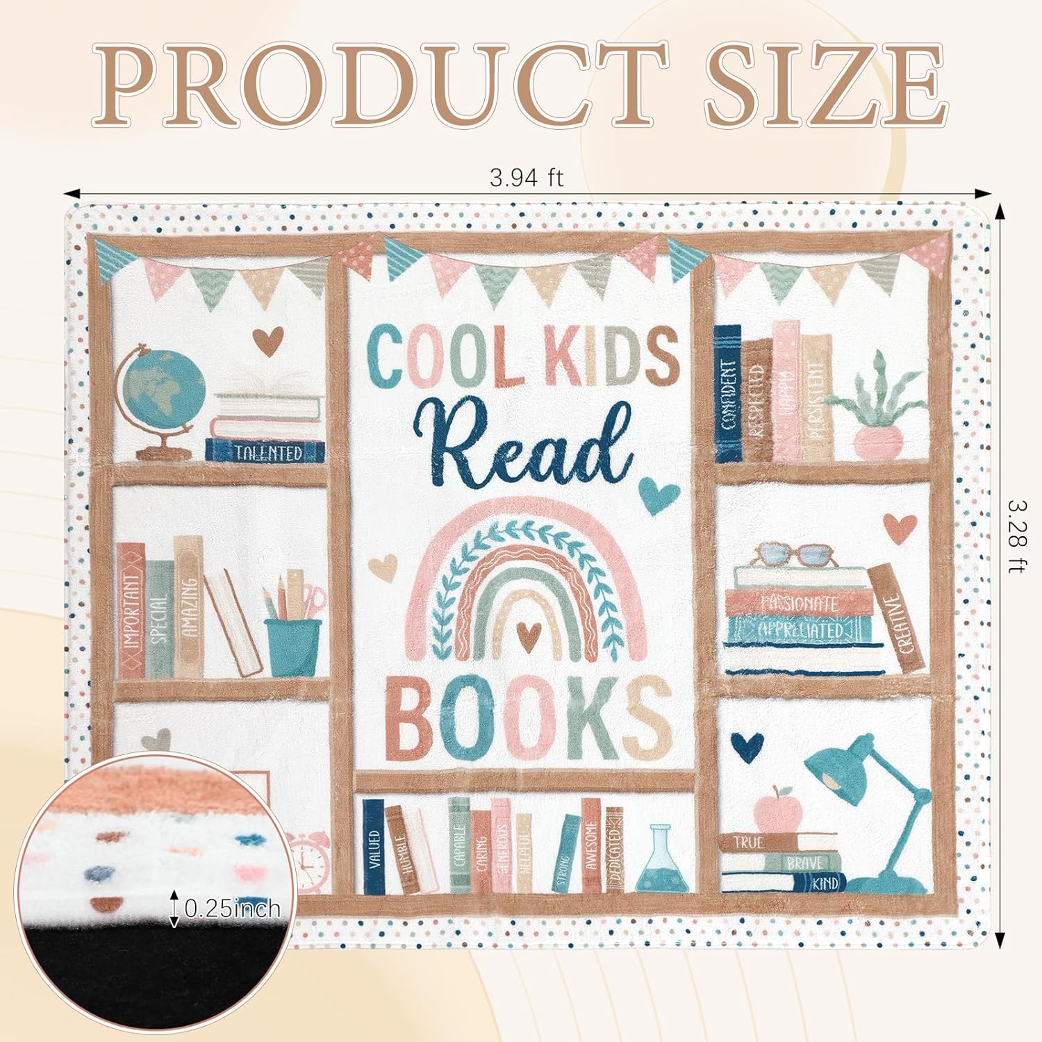 3.3 x 3.9 ft Boho Classroom Rug Library Reading Rug Calming Corner Mat Bookshelf Mental Health Area Washable Non Slip Soft Fluffy Carpet for School Bedroom Living Room Playroom