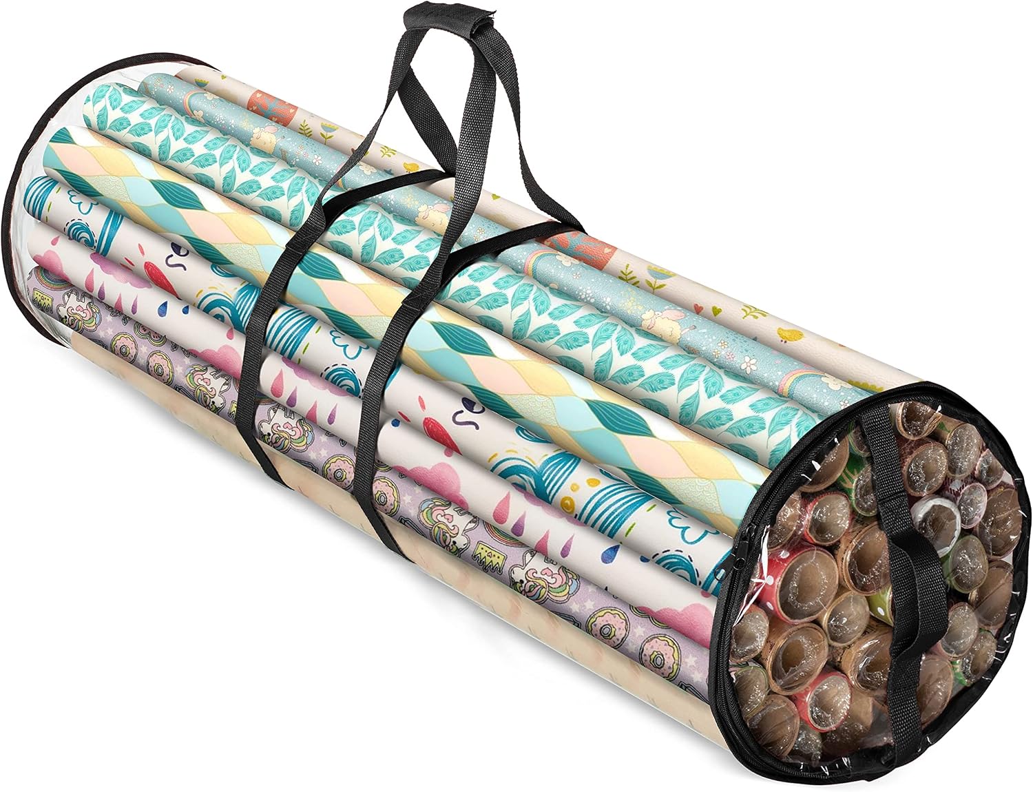 ZOBER Round Christmas Gift Wrapping Paper Organizer Storage - 40 Inch Gift Wrap Storage Containers - Wrapping Paper Holder, Clear PVC Waterproof, Fits 25 Standard Rolls - Black