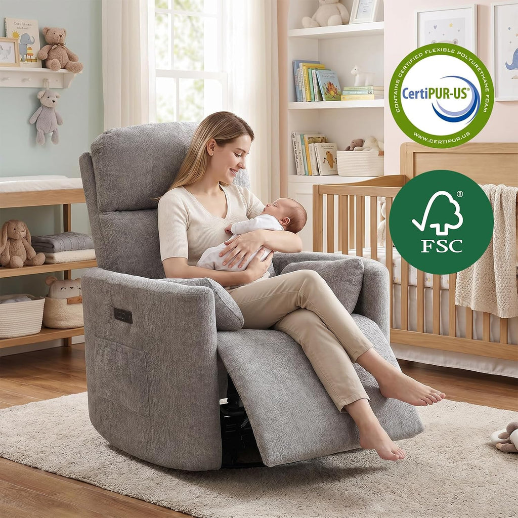 Oversized Power Recliner with Massage and Heat, Swivel Rocker Recliner with Adjustable Headrest, Glider Recliner Nursery Chair with 2 Pillows, rocking nursery recliner for Living Room,Light Grey
