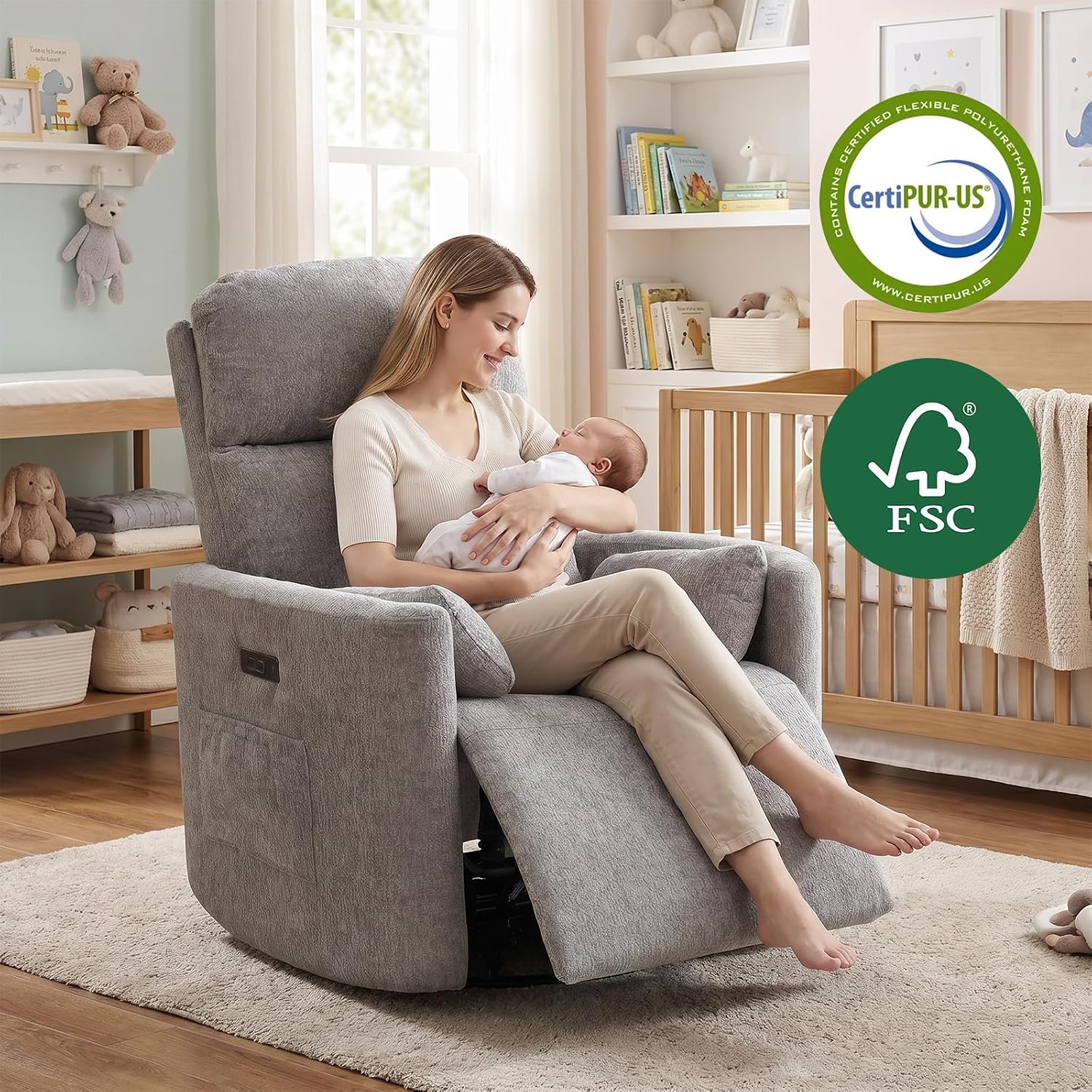 Oversized Power Recliner with Massage and Heat, Swivel Rocker Recliner with Adjustable Headrest, Glider Recliner Nursery Chair with 2 Pillows, rocking nursery recliner for Living Room,Light Grey