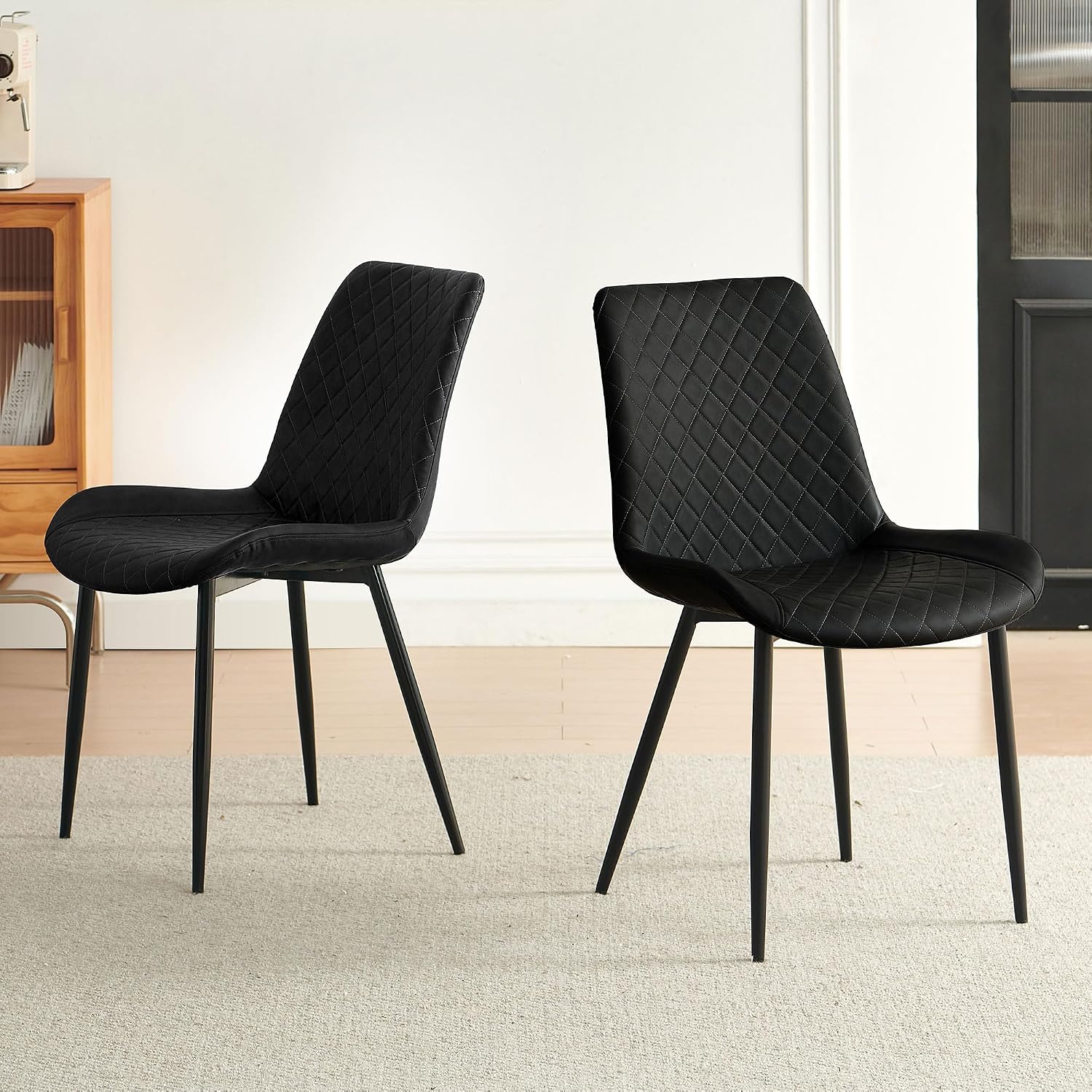 PU Leather Dining Chairs Set of 2, Modern Armless Dining Room Chairs, Comfy Upholstered Kitchen Chairs with Backrest, Black Metal Legs for Living Room, Dinning Room, Black