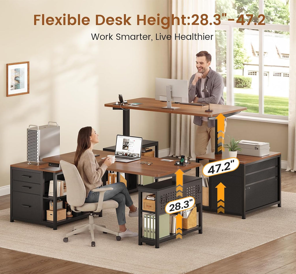 SEDETA Electric Standing Desk with 3 Fabric Drawers, 61" Height Adjustable Office Executive Desk with Storage Drawers, Stand up Computer Desk with Power Outlet for Home Office (Black + Brown)