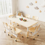 Toddler Table and Chair Set, Height Adjustable Kids Table and 6Chairs, Toddler Activity Table with Storage Boxes,Wipeable Graffiti Wood Grain Desktop,12Water Pens Included for Classroom, Natural Wood