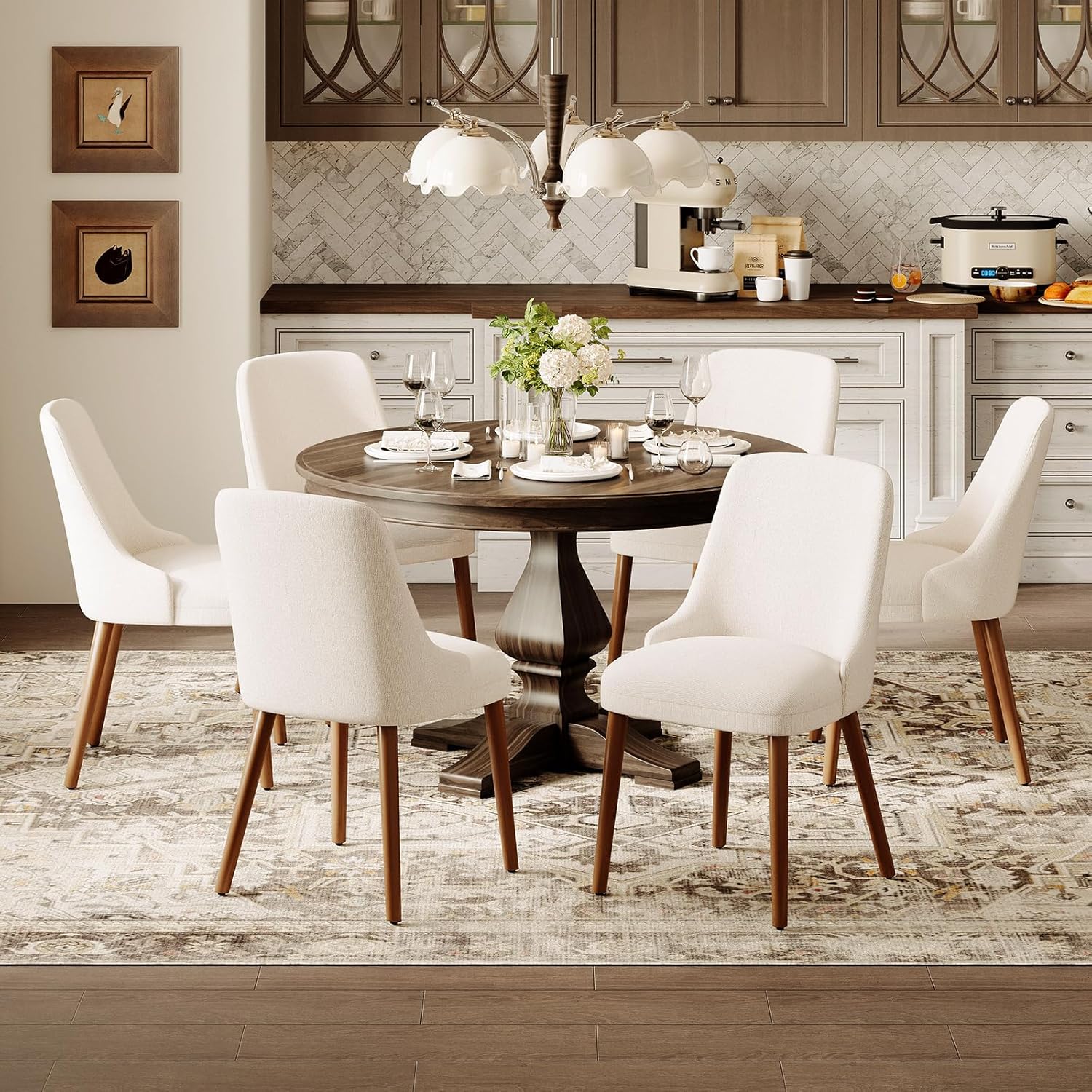 MALOL Upholstered Dining Chairs Set of 6, High-Back Dining Room Chair with Wood Legs, Padded Kitchen Chairs for Dining Room/Restaurant/Cafe, Beige