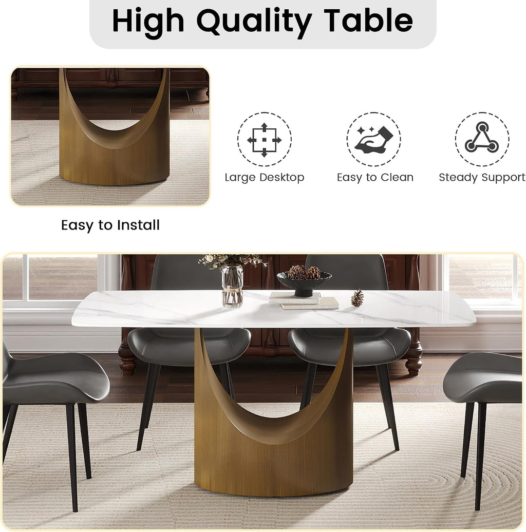 Modern Sintered Stone Dining Table for 6, White Kitchen Table with U-Shaped Gold Carbon Steel Pedestal & Marble Pattern Top, Rounded Corner Design, 63" W Curved Rectangle