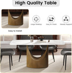 Modern Sintered Stone Dining Table for 6, White Kitchen Table with U-Shaped Gold Carbon Steel Pedestal & Marble Pattern Top, Rounded Corner Design, 63" W Curved Rectangle