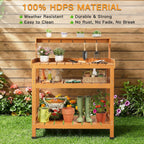 Frogprin Potting Bench Table, Extra-Large Outdoor Garden Potting Bench (HDPS) with 9 Hooks, All-Weather Garden Table Work Station, No Rust, No Fade, No Break (Teak, 35.6''X16.5''X45.5'')