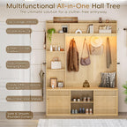 77"H 59"W Hall Tree with Bench and Shoe Storage, Entryway Bench with Coat Rack & 12 Hooks, Smart RGB LED Lighting, Side Umbrella Rails, Large Mudroom Furniture w/Sliding Doors & Rounded Corners, Oak