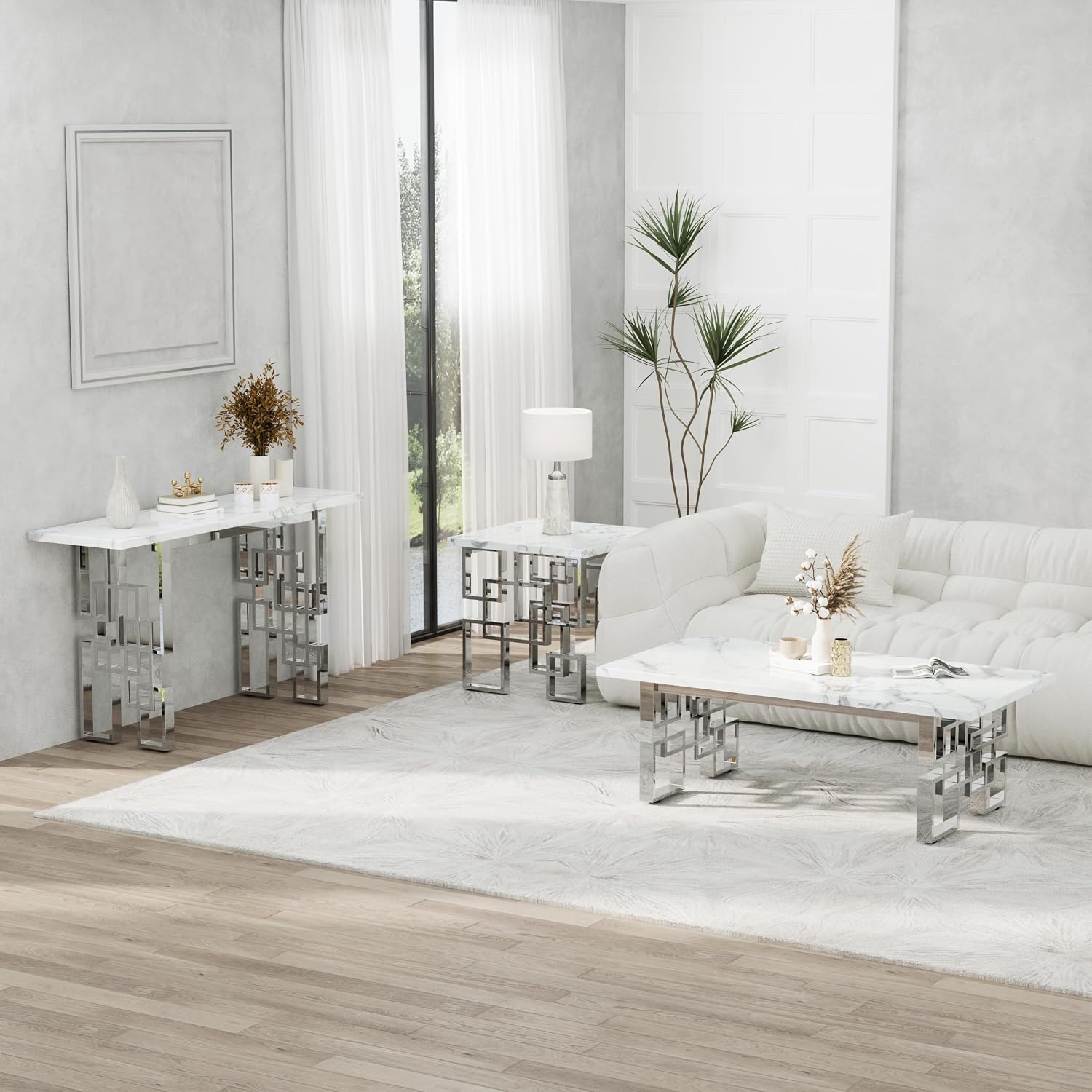 AUZ Silver End Table, Modern Square Living Room Side Table with White Faux Marble Top and Mirrored Silver Metal Geometric Base