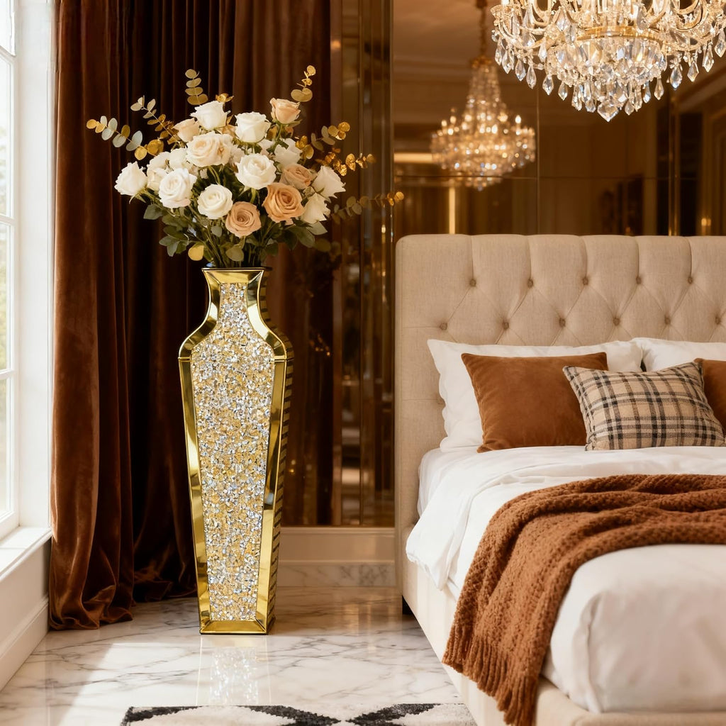 SHYFOY Gold Crushed Diamond Floor Vase, Large Mirrored Tall Vases for Floor, Modern Glass Decorative Vases for Living Room Bedroom Home Corner Indoor Office, 26.8" Tall