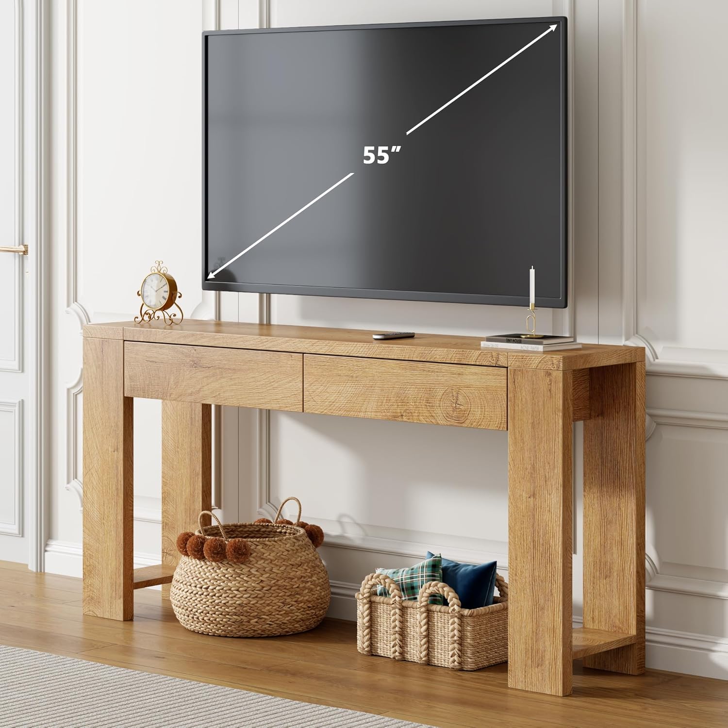 Furologee 60 inch Long Entryway Console Table with Drawers, Farmhouse Sofa Table Behind Couch, Entrance Accent Table for Hallway, Living Room, Foyer, Bedroom, Wooden Thick Tabletop (Natural)