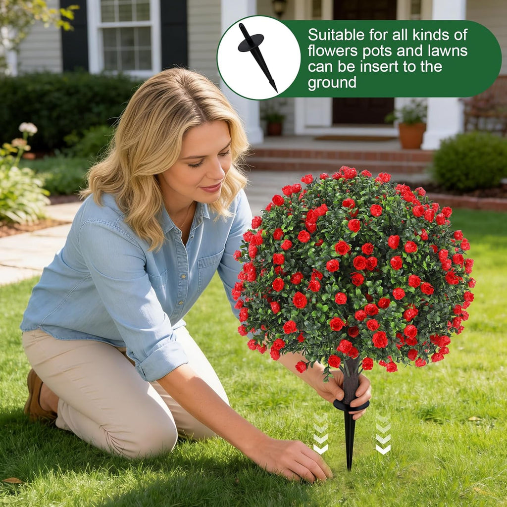 25" Artificial Red Rose Topiary Ball Trees with Ground Spike (Set of 2), UV Resistant Faux Plants into Anywhere, Evergreen Boxwood Shrubs, for Indoor Outdoor Front Porch Garden Backyard Decor