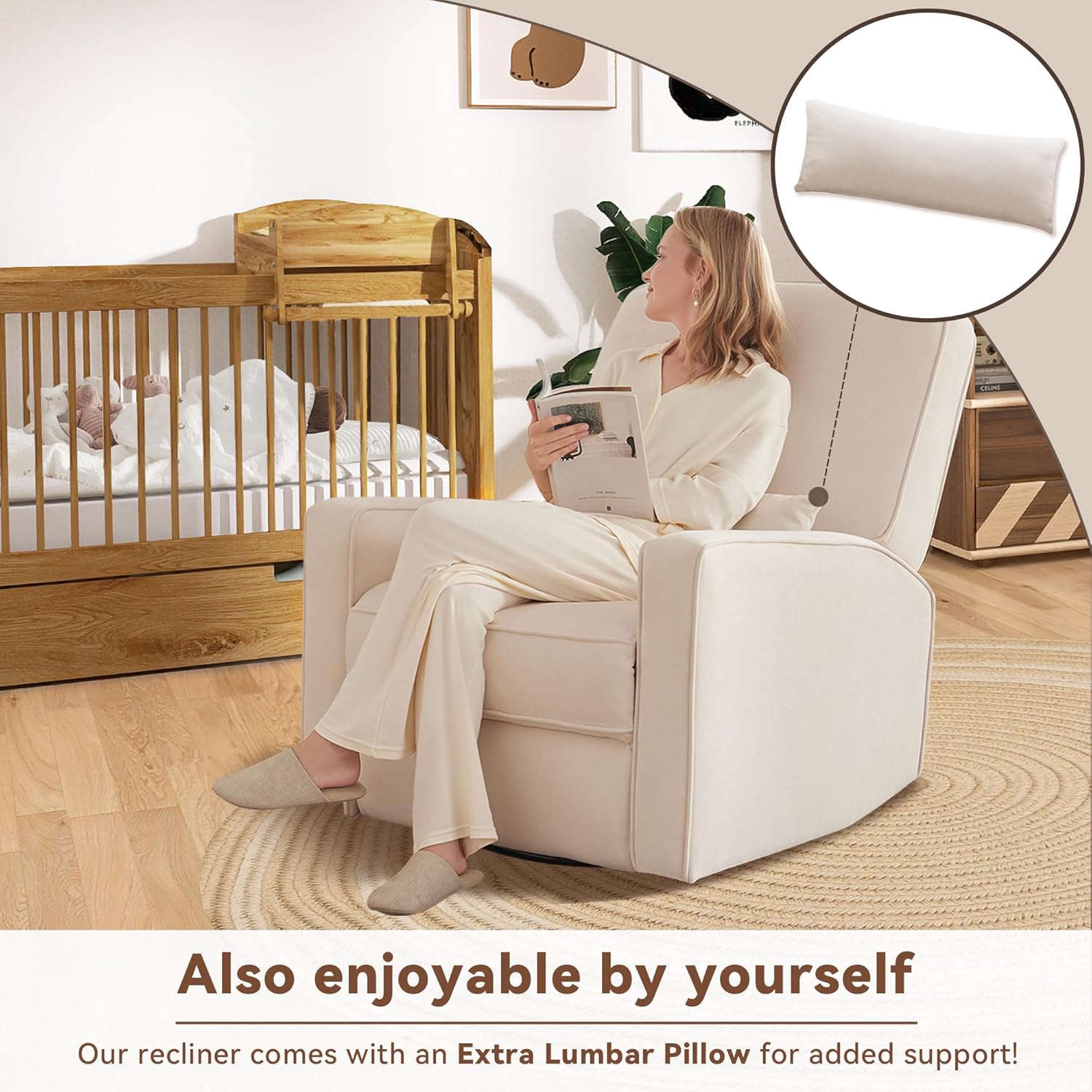 Tbfit Nursery Rocking Chair,360°Swivel Recliner Chair with Lumbar Support for Bedroom, Comfy Upholstered Armchair with Pillows & Footrest for Living Room & Baby Room
