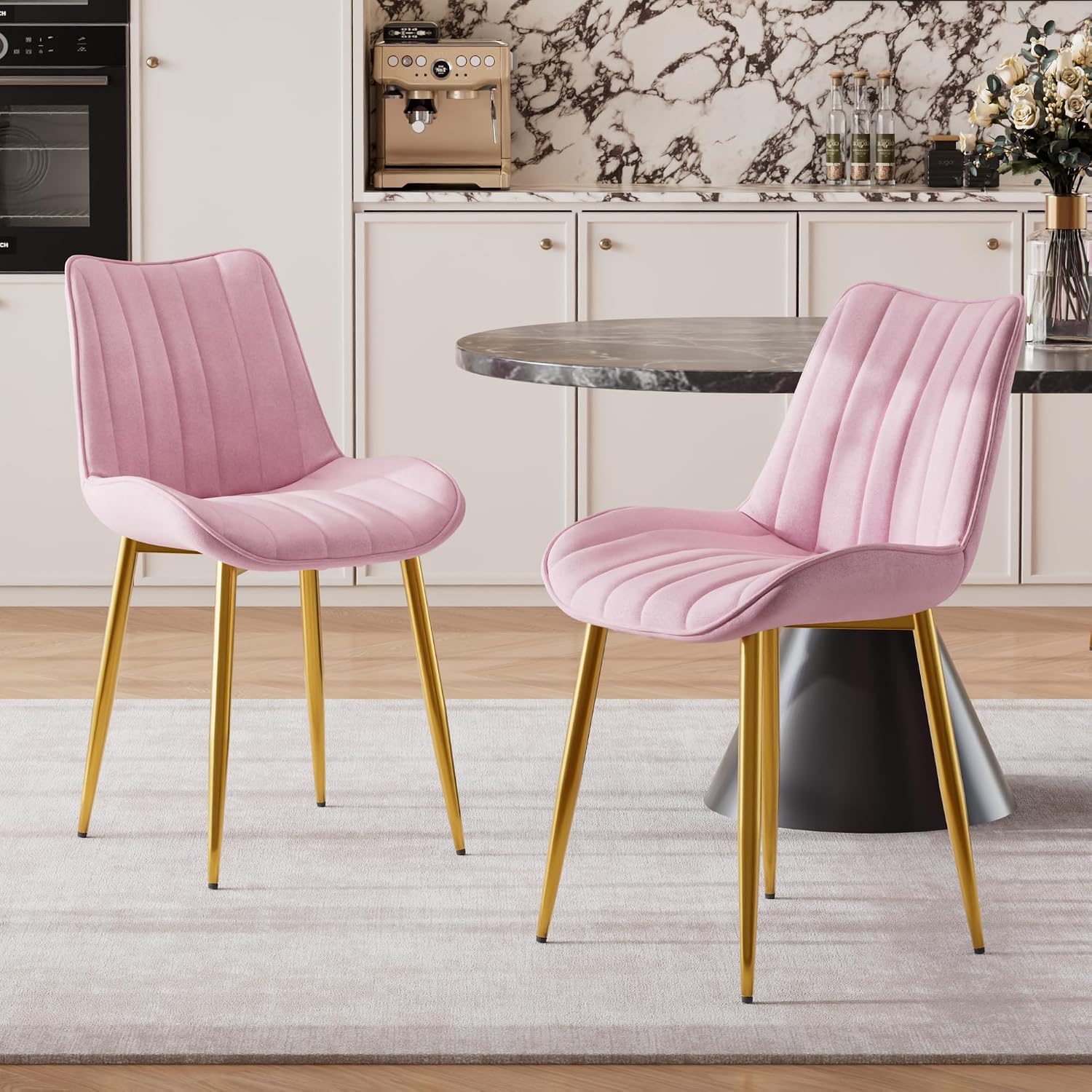 VECELO Dining Chairs Set of 4, Velvet Fabric & Metal Frame, Mordern Style for Kitchen, Living Room,Offcie, Pink