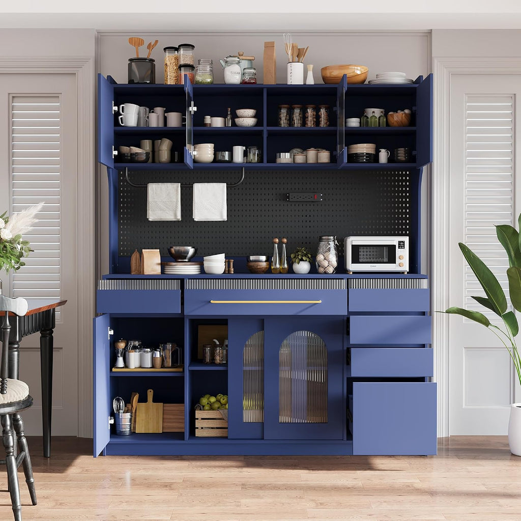 SOFTSEA Tall Kitchen Pantry with Hutch and 6 Drawers, Large Coffee Bar Storage Cabinet with 5 Doors & Adjustable Shelves, Pantry Organizer with Pegboard and Power Outlet, for Dining Room, Blue