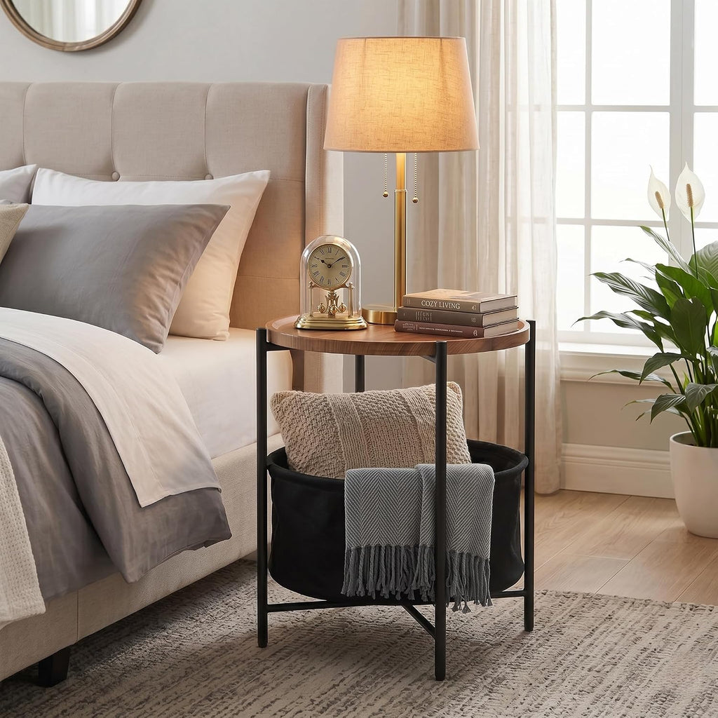 danpinera Round Side Table, Folding Round Metal End Table Small Nightstand with Basket for Bedroom Living Room Bedside Small Spaces Walnut