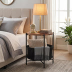 danpinera Round Side Table, Folding Round Metal End Table Small Nightstand with Basket for Bedroom Living Room Bedside Small Spaces Walnut