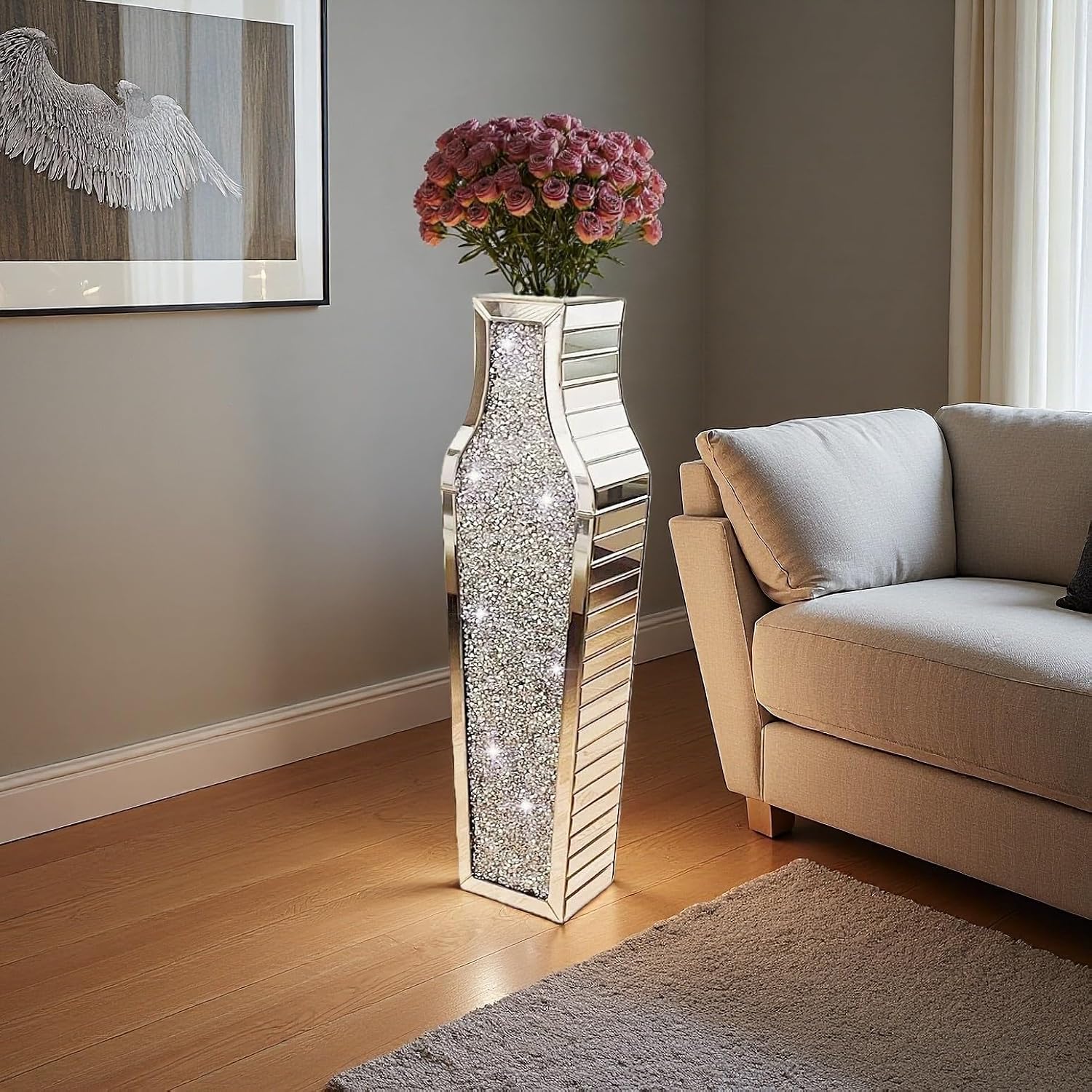 30" Large Double Sided Crushed Diamond Floor Vases,Tall Silver Mirrored Crystal Vase for Floor,Big Floor Vases Decorative Tall for Home,Office,Hotel(Silver,8.6" L x 5.3" W x 30" H)