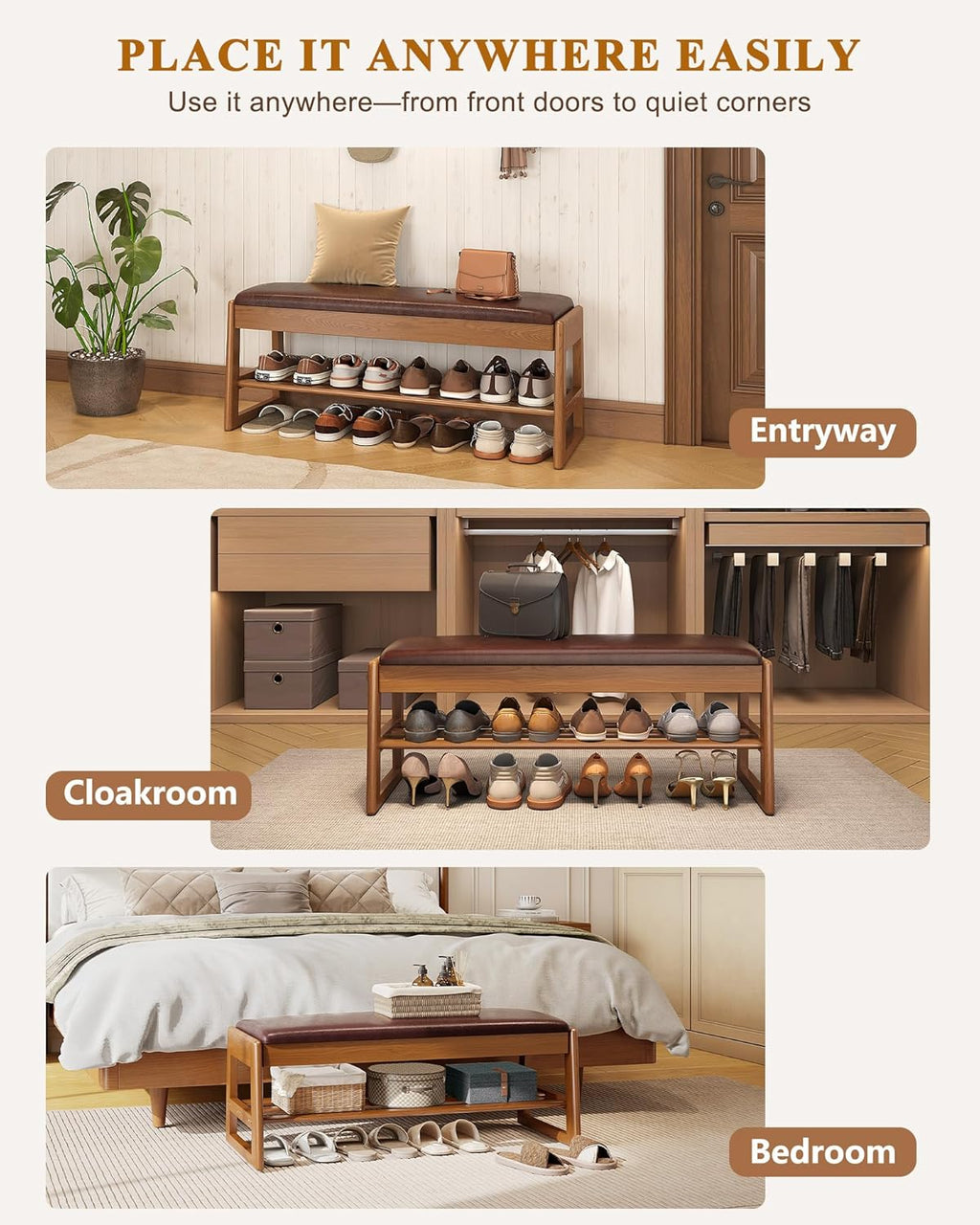 IUNVR Shoe Rack Bench with Hidden Storage, 2-TierSolid Rubberwood Entryway Bench with SoftLeather Cushioned Seat & Flip-Top Storage,330lbs Capacity, Wooden Shoe Organizer forHallway, Closet, Foyerm