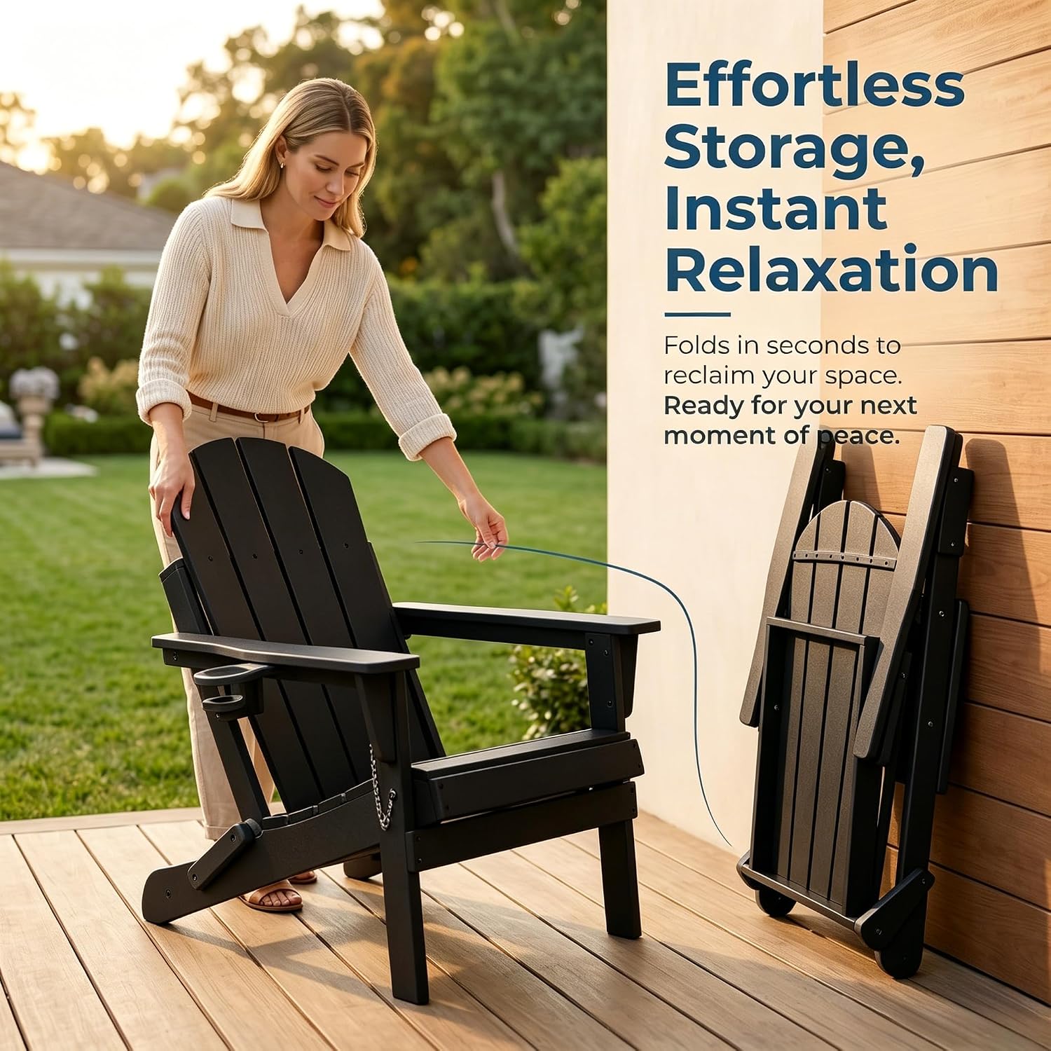 Foldable Adirondack Chair Set of 2/4/6, HDPE Outdoor Patio Chair with Cup Holder & Phone Slot, Heavy Duty 380 lbs, Metal Limit Chain, Space Saving Folding, Multiple Colors (4, Black)
