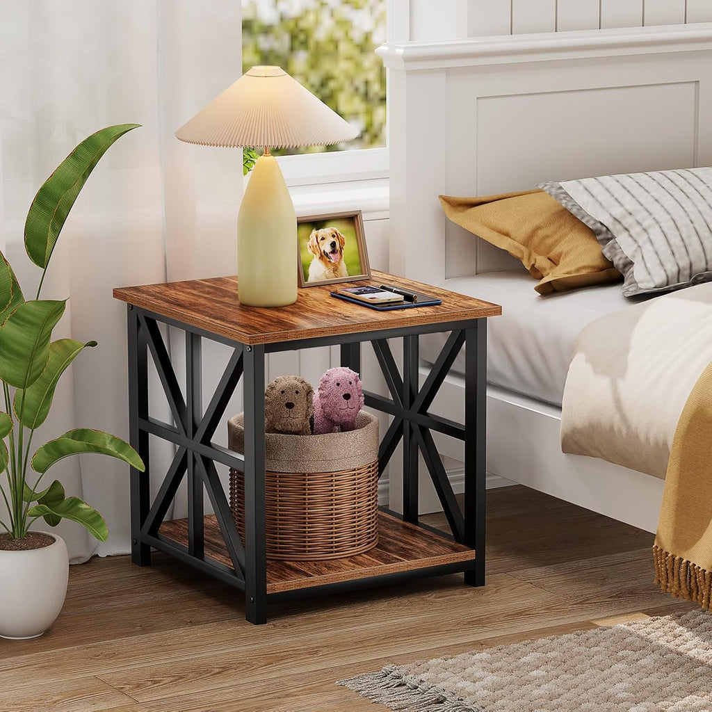GreenForest End Table with 2-Tier Storage Shelf, 19.7 inch Side Table for Living Room, Modern Nightstand Bedside Table for Bedroom Office, Walnut