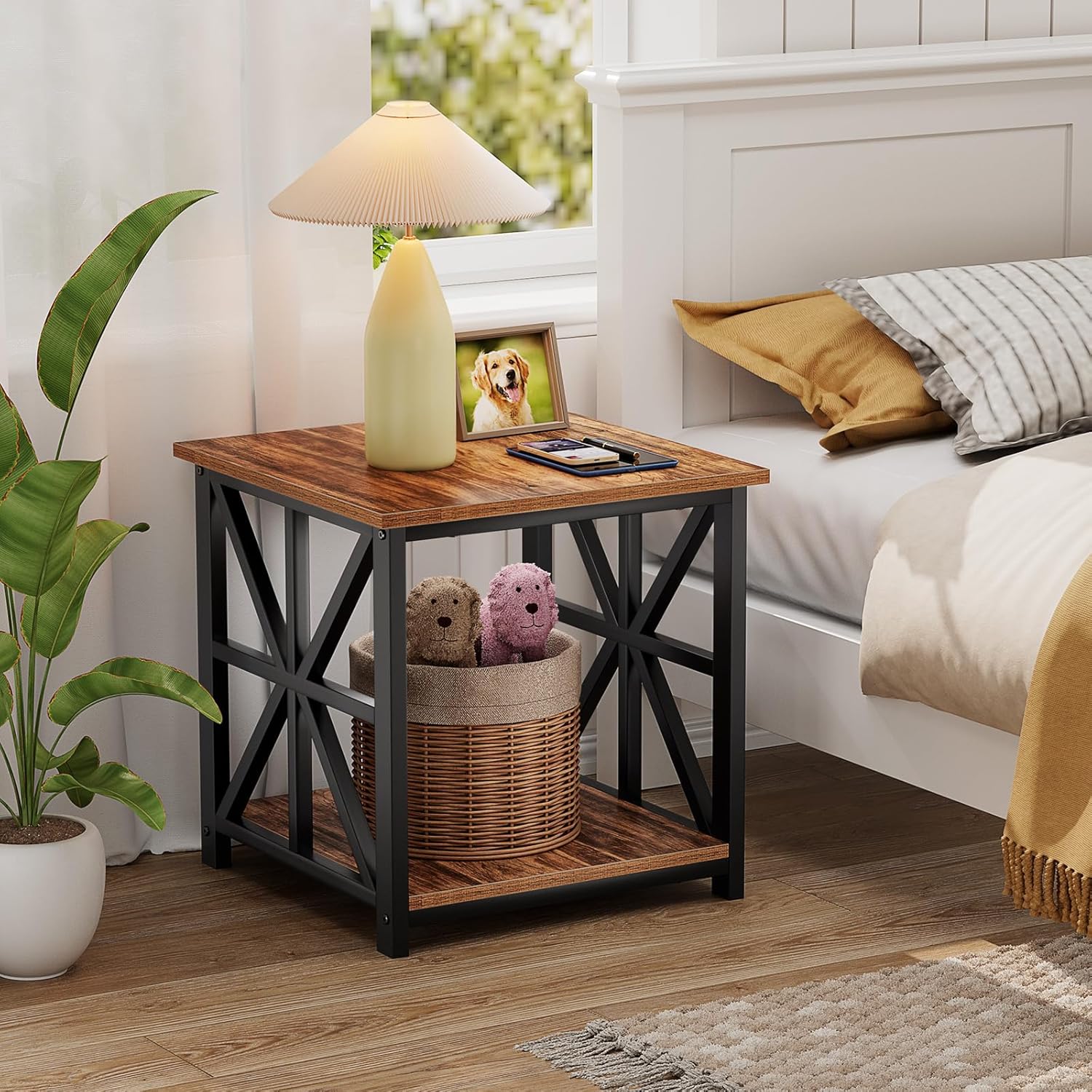 GreenForest End Table with 2-Tier Storage Shelf, 19.7 inch Side Table for Living Room, Modern Nightstand Bedside Table for Bedroom Office, Walnut