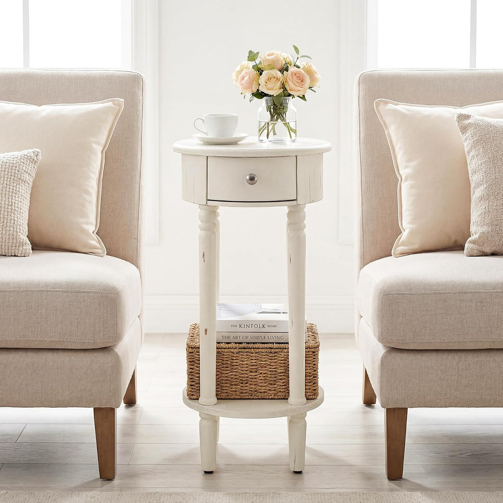 COSIEST Tall Nightstand with Drawer, Tall Side Table, 2 Tier Round End Table for Living Room, 28'' Accent Table for Corners, Beige