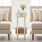 COSIEST Tall Nightstand with Drawer, Tall Side Table, 2 Tier Round End Table for Living Room, 28'' Accent Table for Corners, Beige