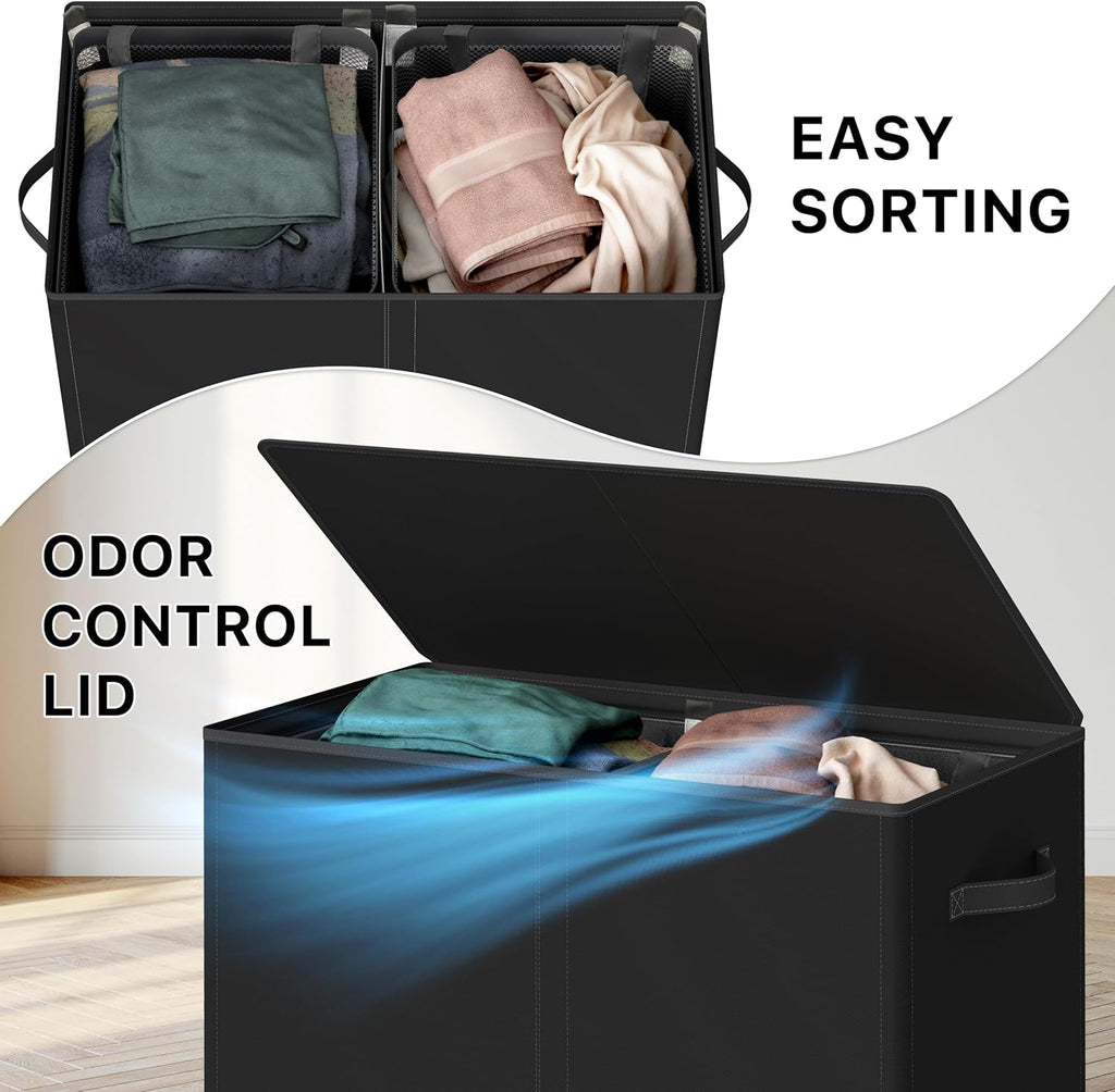 Simple Houseware Double Laundry Hamper with Lid and Removable Bags, Black