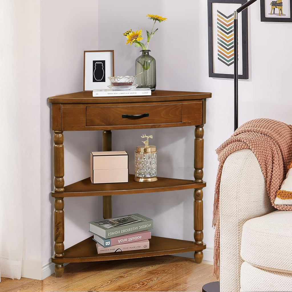 LKTART 33.86'' Corner Table, 3 Tier Space with Drawer for Storage, Solid Wood End Corner Table for Small Space, Triangle Corner Side Table for Living Room,Brown