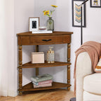 LKTART 33.86'' Corner Table, 3 Tier Space with Drawer for Storage, Solid Wood End Corner Table for Small Space, Triangle Corner Side Table for Living Room,Brown