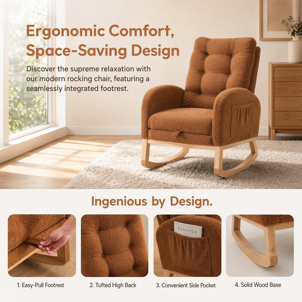 Accent Rocking Chair with Footrest, High Back Upholstered Rocker with Rubber Wood Legs, Lounge Armchair with Side Storage Pocket for Living Room Bedroom Nursery (1, Caramel)
