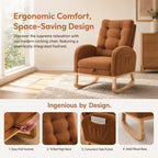 Accent Rocking Chair with Footrest, High Back Upholstered Rocker with Rubber Wood Legs, Lounge Armchair with Side Storage Pocket for Living Room Bedroom Nursery (1, Caramel)