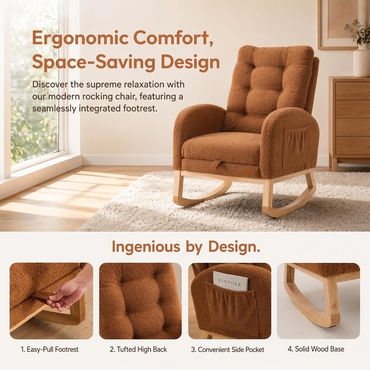 Accent Rocking Chair with Footrest, High Back Upholstered Rocker with Rubber Wood Legs, Lounge Armchair with Side Storage Pocket for Living Room Bedroom Nursery (1, Caramel)